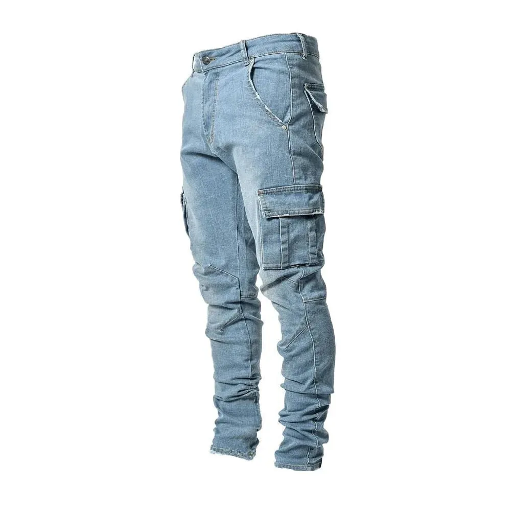 Calça jeans masculina stretch de rua, lavada, cor sólida, multi bolsos, calça de trabalho, casual, slim fit, uso diário, calça de corrida, mid wa