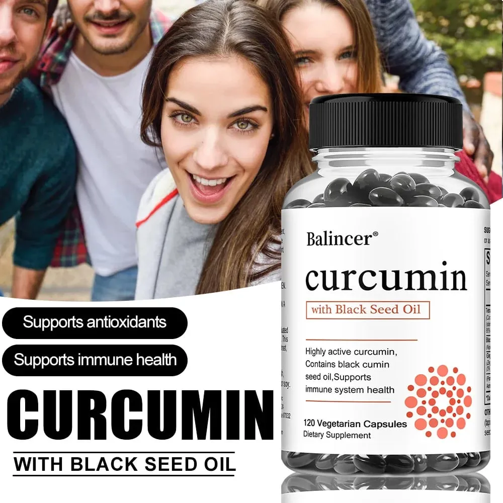 Suplemento de cápsulas de curcumina de cúrcuma com extrato de óleo de semente preta para suporte digestivo e imunológico conjunto, cognição cerebral