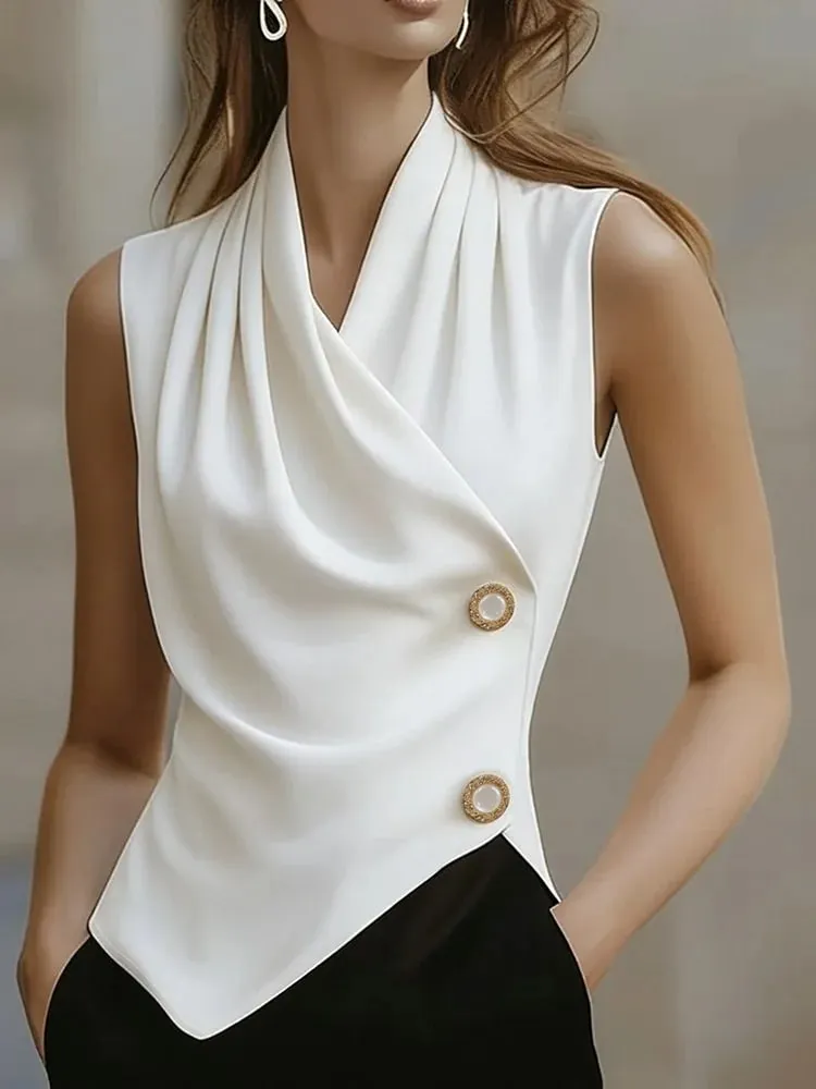 Simples e elegante charme high-end sentir bainha irregular decote plissado com decote em v sem mangas topo roupas femininas