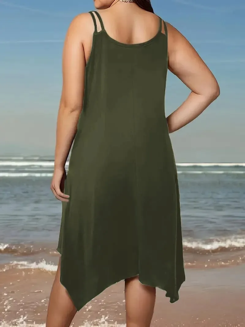 Large women's solid color asymmetrical hem camisole dress