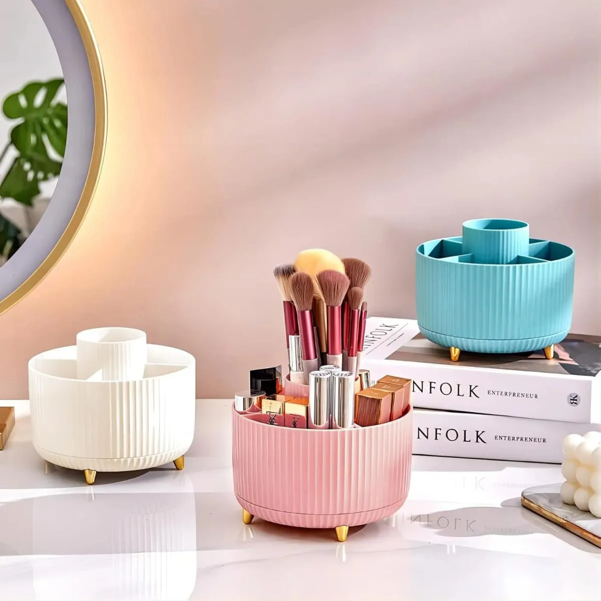 Caixa de armazenamento de ferramentas de maquiagem rotativa 360 °, organizador de mesa, suporte de pincéis cosméticos, batom, sobrancelha, lápis, recipiente de jóias
