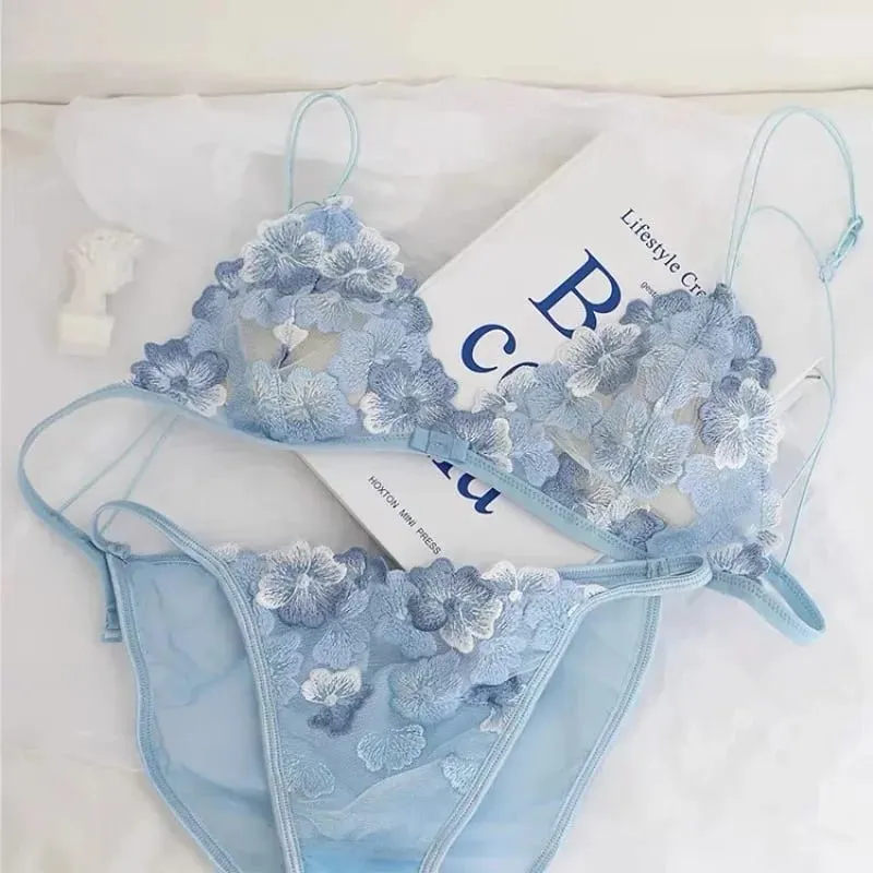 Super sexy conjunto de sutiã de renda transparente oco sem arame triângulo francês bralette e calcinha feminina lingerie quente 2026 moda