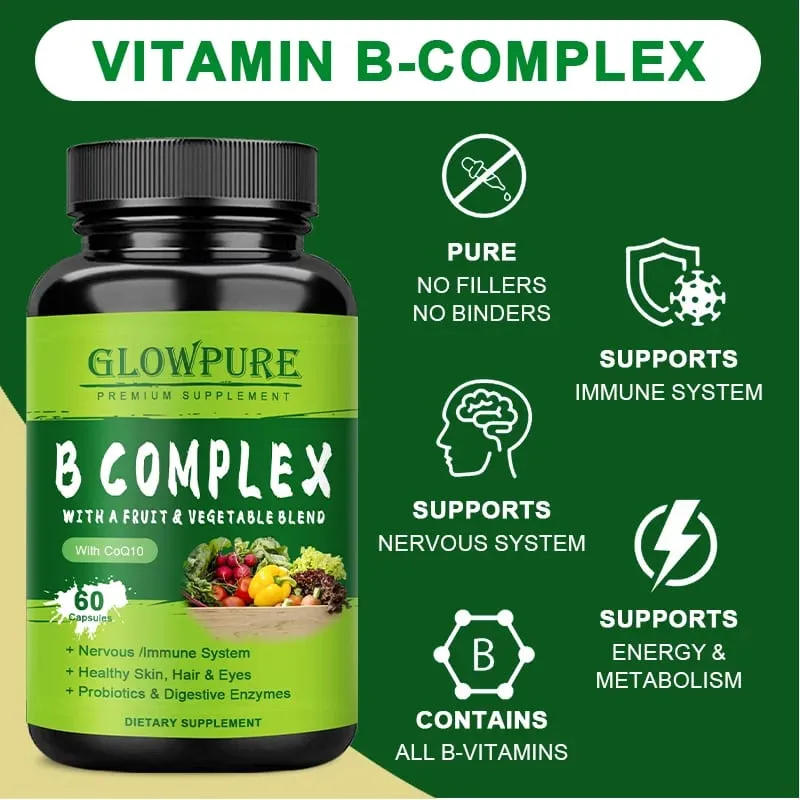 Vitaminas do Complexo B para Sistema Nervoso e Energia - Apoia a Imunidade, Saúde do Coração, Cabelo, Pele e Unhas
