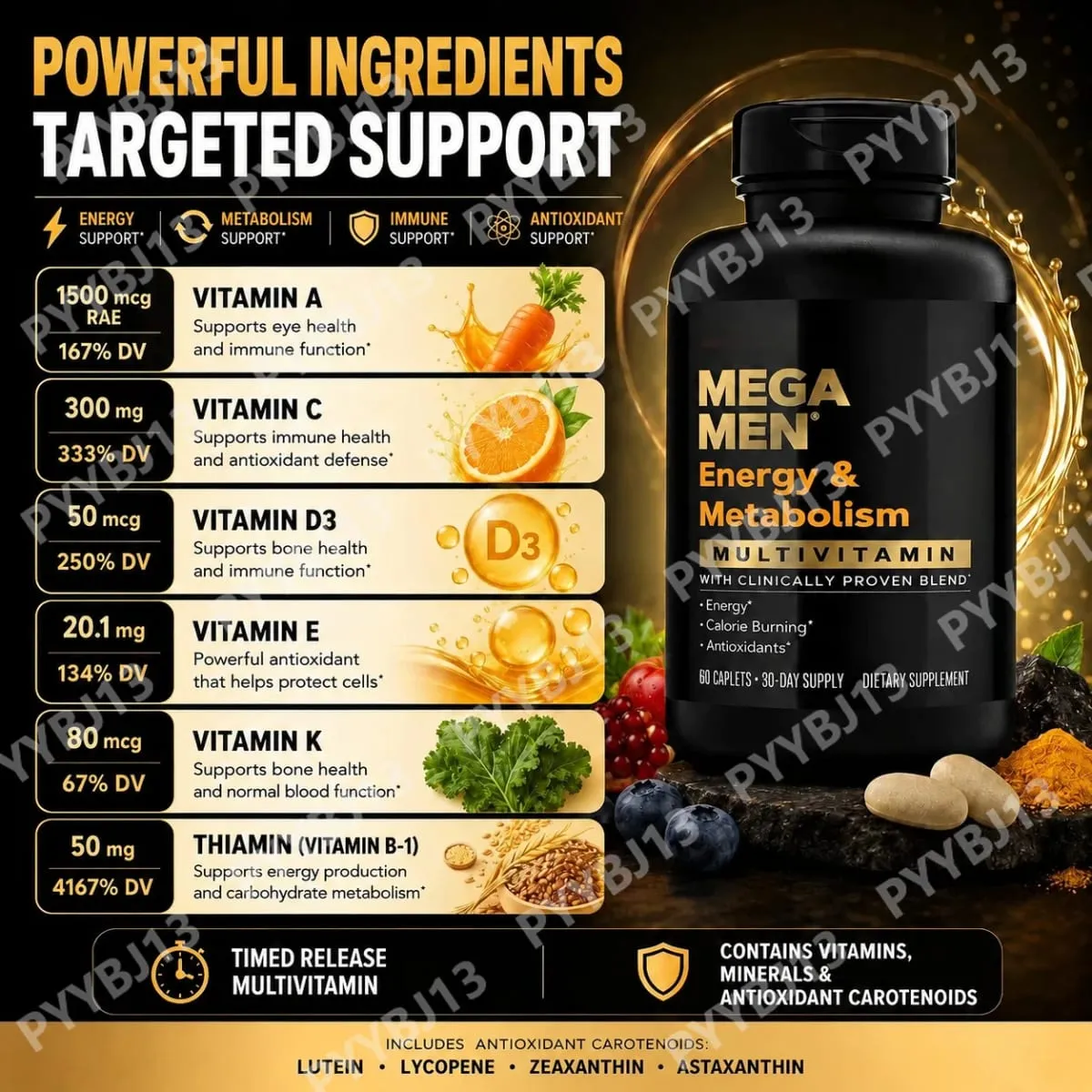 Mega Men Energy & Metabolism Multivitamin Caplets with Lutein Lycopene Zeaxanthin Antioxidants Vitamins Minerals 60 Caplets