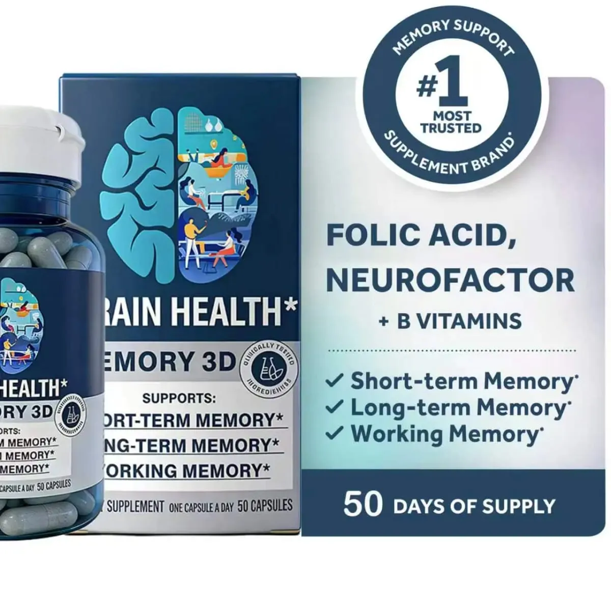 Suplementos cerebrais Memory 3D para memória e foco Vitamina B12 e B6 Ácido fólico 50 cápsulas — image 5