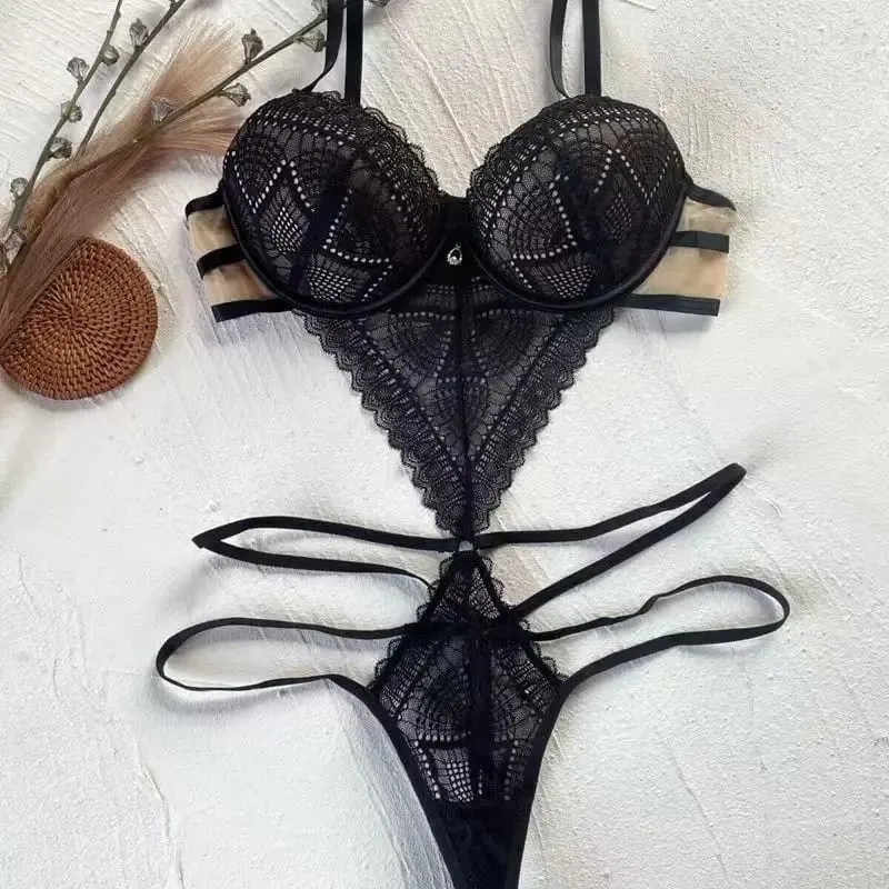 Sexy Lace Bodysuit - Deep V Neck Shaping Underwear for Small Bust Lightweight Close-Fitting One-Piece Hollow Lingerie