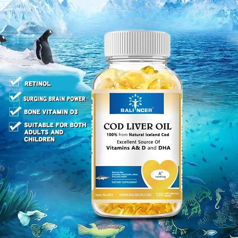 Cápsulas de óleo de fígado de bacalhau ricas em vitamina A D e DHA ajudam a manter a pele saudável, cérebro e ossos fortes e melhoram a memória