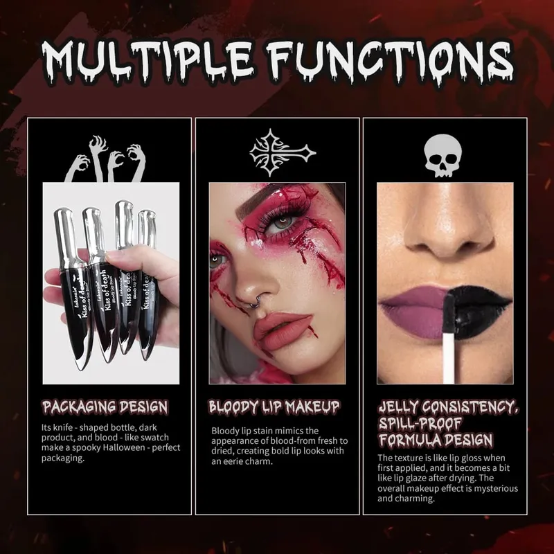 Conjunto de maquiagem gótica para halloween, 5 peças, mancha labial, creme escuro, blush, sombra, delineador com glitter, com bolsa, cosplay, festa, rosto e corpo