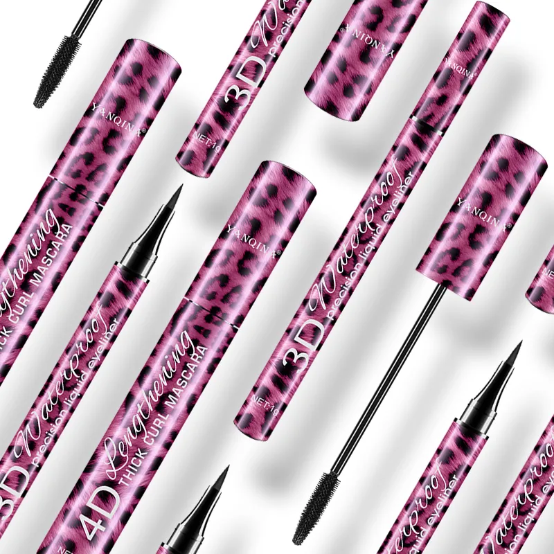 Conjunto de rímel à prova d'água 4D e delineador líquido, kit cosmético de maquiagem para olhos com curvatura espessa para iniciantes