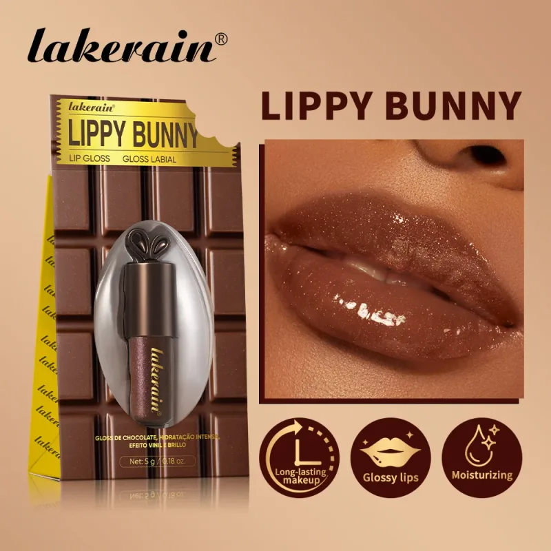 Lakerain Chocolate Coelho Lip Gloss Hidratação de Longa Duração Efeito Espelho Hidratante Suave Não Pegajoso Lippy Bunny Batom