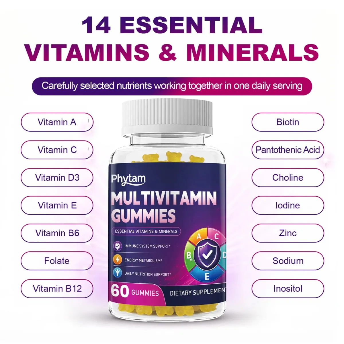Gomas de urso multivitamínicas para adultos 14 em 1 Vitaminas Minerais Complexo Vitamina C Zinco B D Energia Metabolismo Imune Suporte Nutricional Diário 60 Contagens