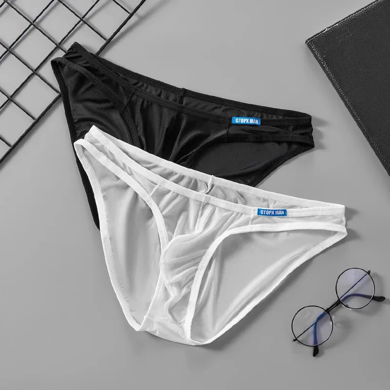 Cueca masculina sexy fina de seda gelo translúcida cuecas u bolsa ropa interior hombre calcinha masculina