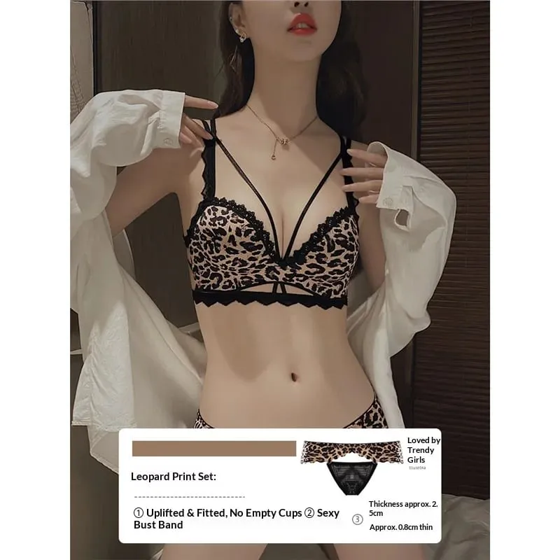 Lace Leopard Print Lingerie Set for Summer Small Chest Gathering Soft Steel Ring Support Anti Sagging Seamless Back Bra Set