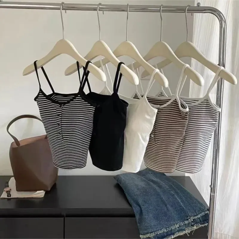 Colete feminino listrado integrado, roupa interna e externa, botão fixo, sem sutiã, top esportivo, estilo curto, algodão 100%, colete curto