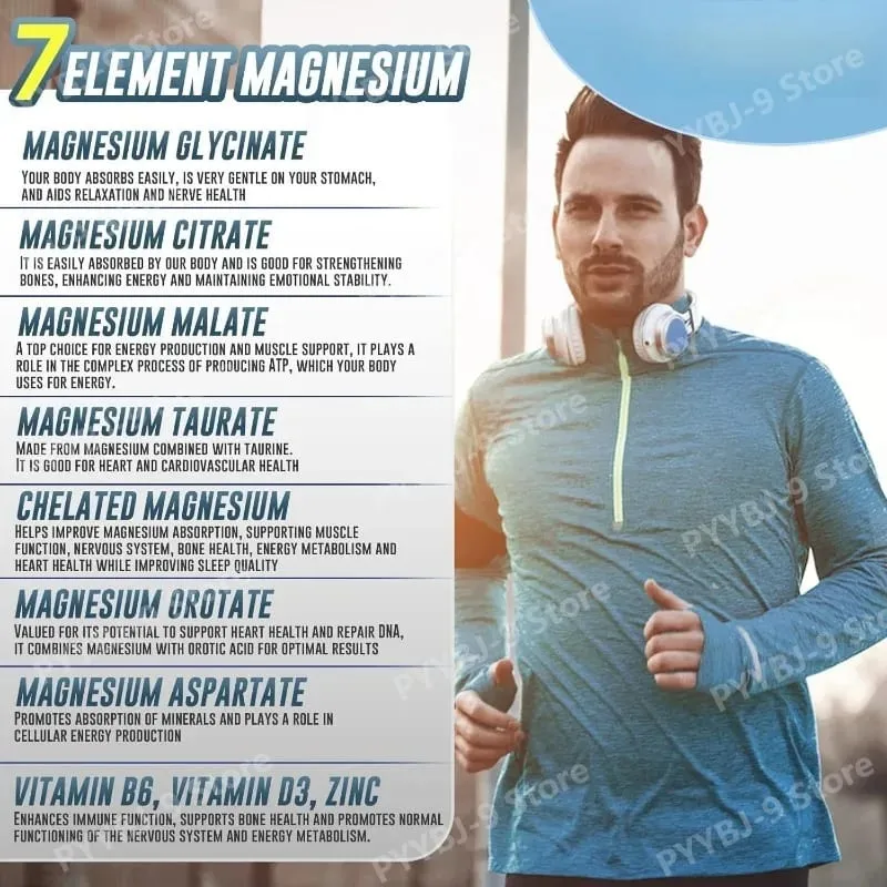 Suplemento complexo de magnésio 7 com glicinato citrato malato quelato zinco vitamina D3 B6 para alívio muscular do sono 60 cápsulas