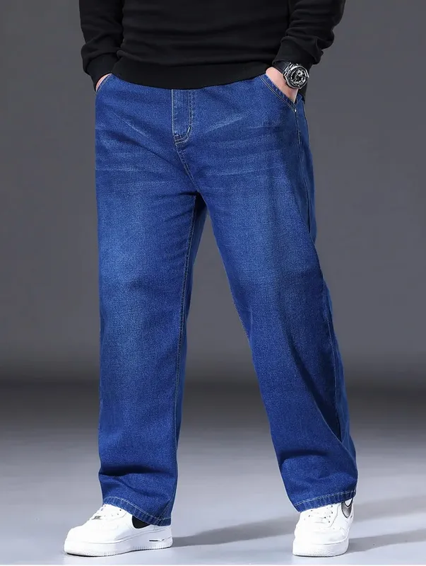 29-50 tamanhos calças de brim estiramento masculino perna reta calças jeans estendido dimensionamento azul preto streetwear relaxado ajuste para o trabalho casual novo