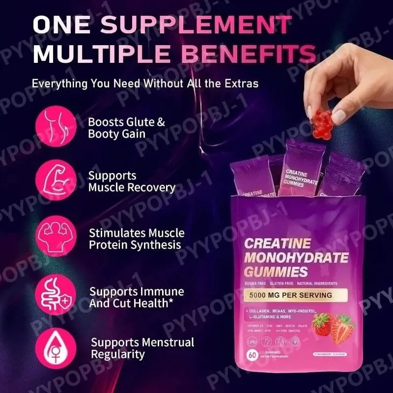 Gomas de creatina monohidratada 60 contagens com colágeno, biotina, vitamina D3 e ácido hialurônico para recuperação diária pré e pós-treino