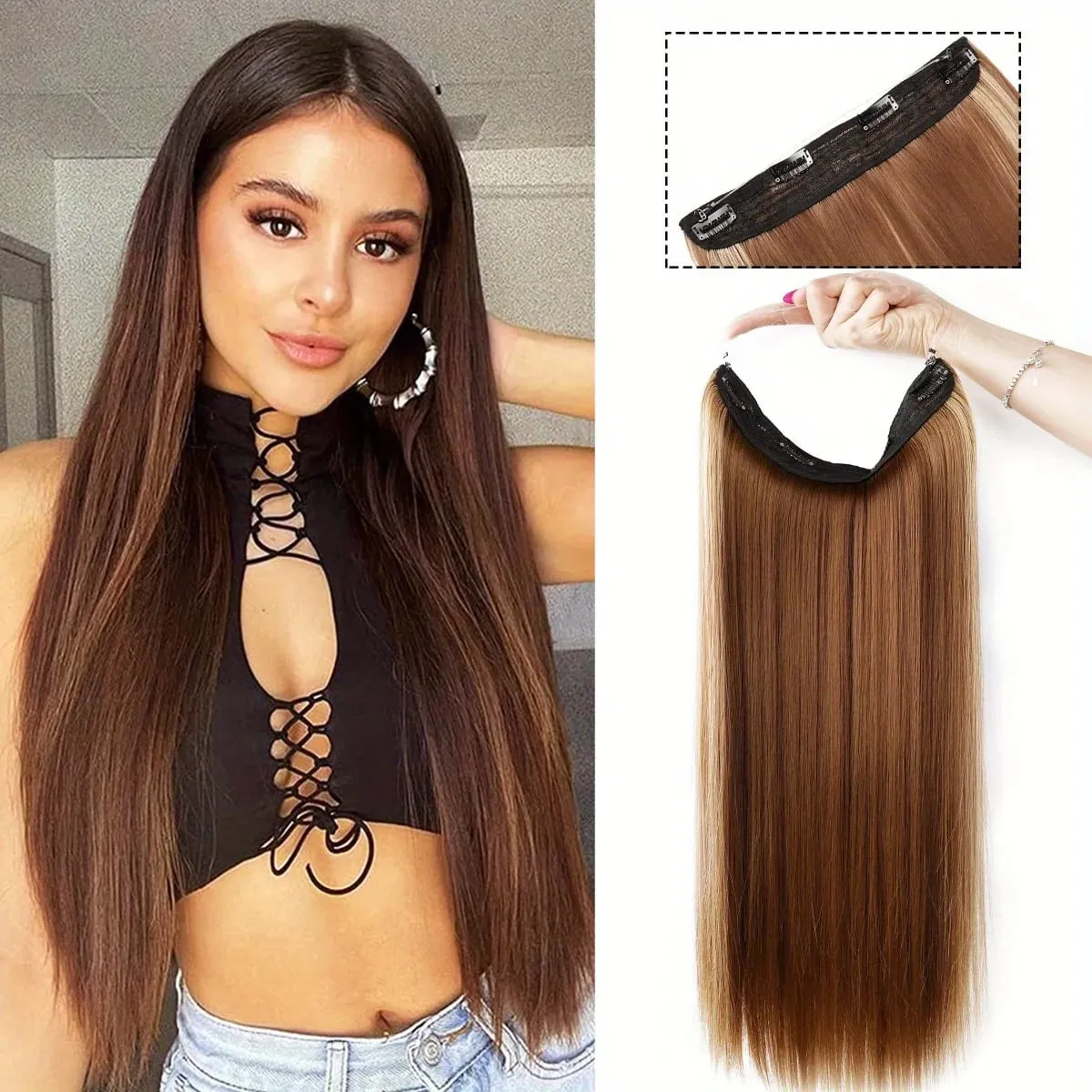 Invisible Wire Hair Extensions Adjustable Size Removable Secure Clips in 24 Inch Straight Secret Hairpiece for Women