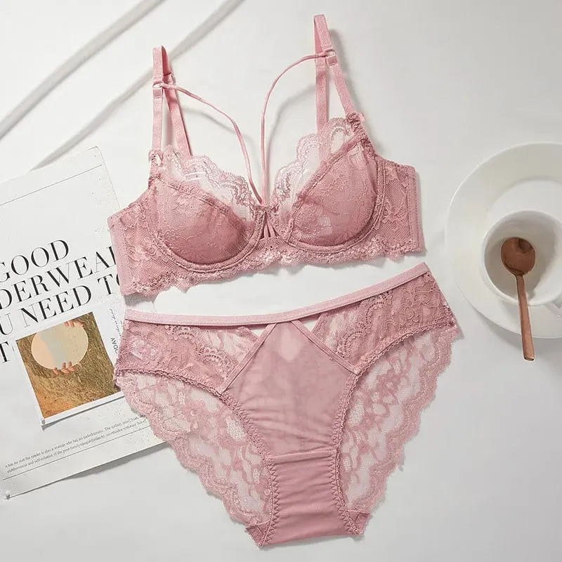 Ladies New Thin Lace Lingerie Set Soft Underwire Bra Push Up Support Bust Minimizing Anti Sagging Soft Comfort Wear 32-42