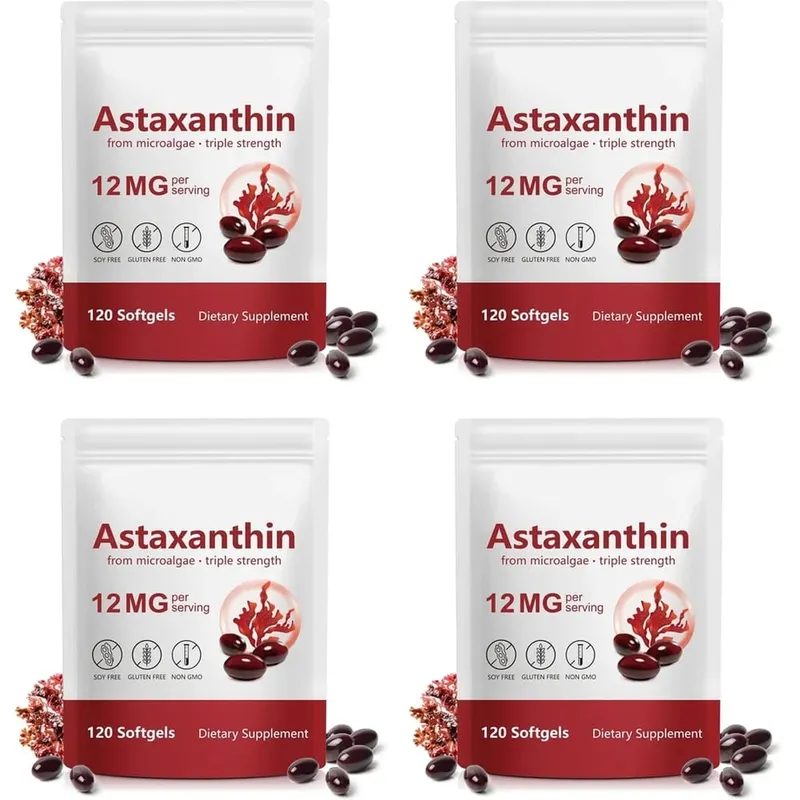 Astaxantina Softgels 12 mg de microalgas Suporte antioxidante de força tripla para o envelhecimento da pele Saúde ocular 120 Softgels