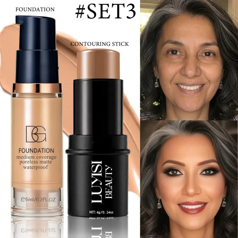 2pcs Face Makeup Set:1pc Foundation+1pc Contour Stick.Long-Lasting Waterproof Full Coverage Natural Finish Mini And Easy To Car