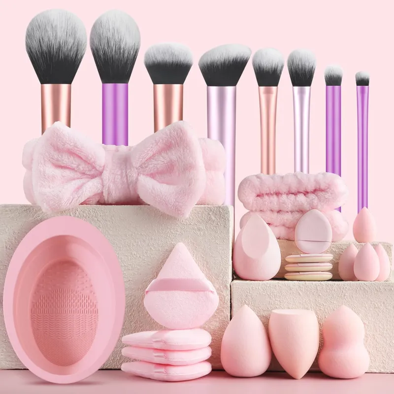 Conjunto de ferramentas de maquiagem de 28 peças - pincéis de maquiagem profissionais de 8 peças + conjunto de produtos de higiene pessoal e tigela de lavagem e combinação de ovo de esponja folhada — image 8
