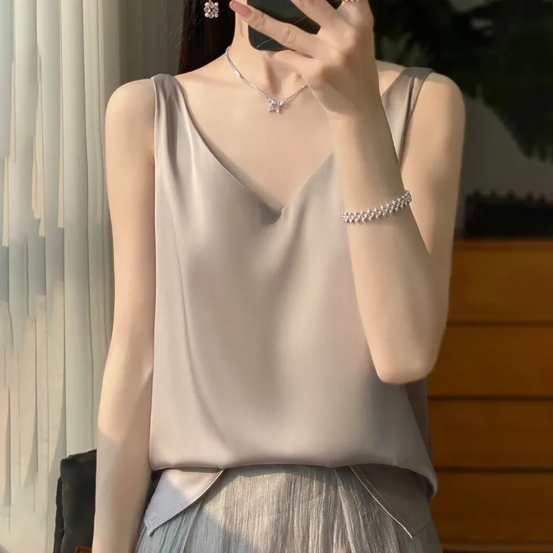 新款Lce絲緞吊帶背心女春夏純色無袖性感舒適絲質內衣背心RW-D09