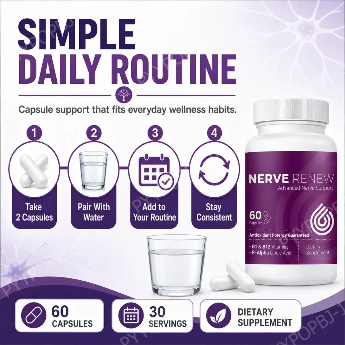 Suplemento avançado de suporte nervoso Nerve Renew - Alívio natural para desconforto nervoso com ácido R-alfa lipóico e complexo de vitamina B