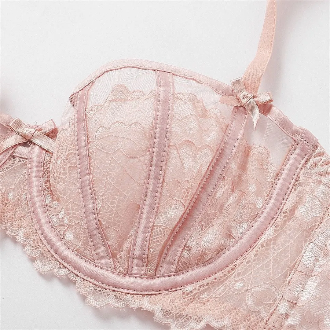Beautiful Embroidered Floral Lingerie Set With Lined Comfortable Bra And Underwear Wired Bra And Panties For Outerwear Daily