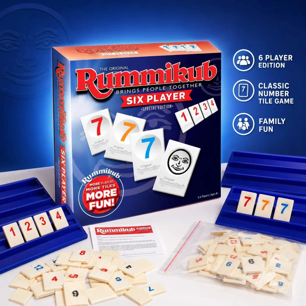 Rummikub jogo de tabuleiro de estratégia de seis jogadores com racks azuis número lógica festa familiar versão em inglês