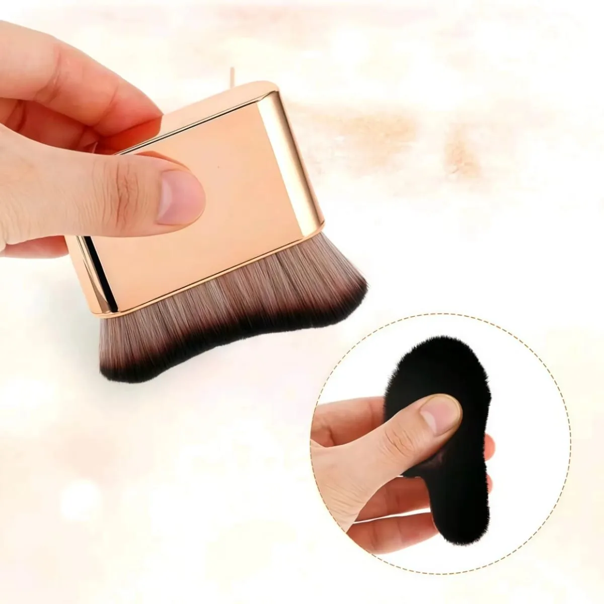 1 pincel de base em ouro rosa para bronzeamento, mistura de base, blush, sombra, bronzeador e base no rosto e pescoço com cerdas altas e baixas