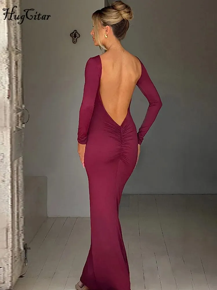 Hugcitar primavera elegante manga longa sem costas sólido cuched sexy bodycon maxi vestido de baile roupa feminina festa à noite festival y2k