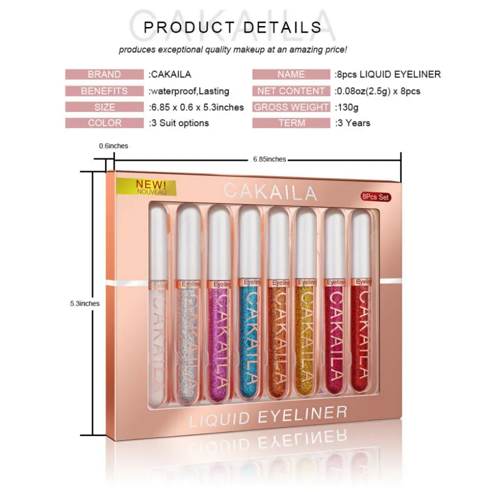 Conjunto de canetas delineadoras à prova d'água, 8 cores, glitter de longa duração e maquiagem colorida para os olhos, cosméticos de beleza fosco, kit de lápis de delineador