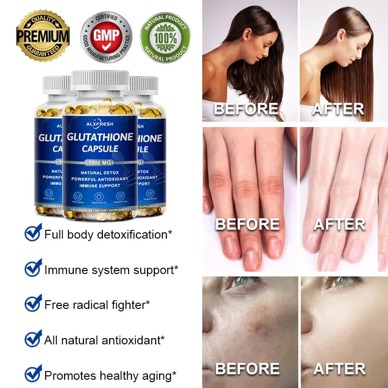 Cápsulas de glutationa, suplementos antioxidantes, melhoram o sistema imunológico e a saúde da pele, clareamento, beleza, cuidados com a pele e anti-envelhecimento