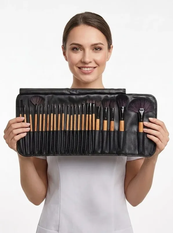 Conjunto de pincéis de maquiagem profissional, 32 peças, cabo de madeira, pincéis cosméticos, base, sombra, blush, com bolsa de armazenamento pu