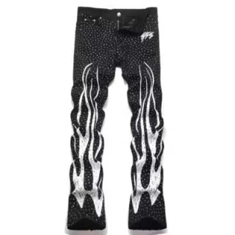 Punk chama streetwear sólido casual calças jeans palco dança strass impressão lavado preto baggy jeans hiphop casual denim pa