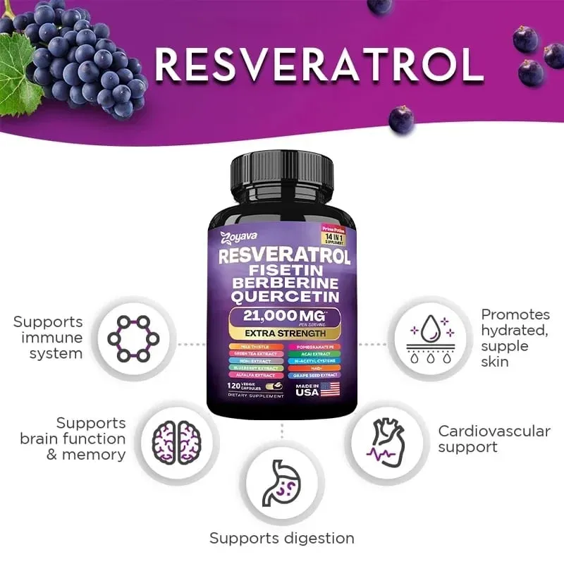 Cápsulas de Extrato de Resveratrol - Benefícios Imunidade Antioxidantes Saúde Cardiovascular Promove Pele Suave