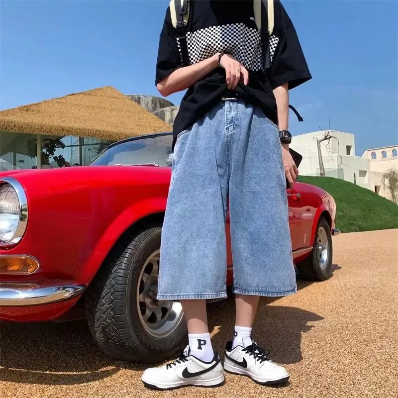 Jeans Pants Men Summer Short Jeans Big-Pockets Breeches Hip Hop Streetwear Baggy Denim Shorts Casual Wide-Leg Capris Pants
