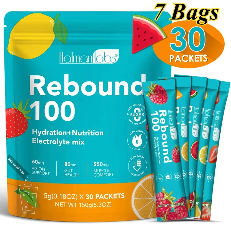 HolmanLabs Rebote 100 Suplemento Eletrólito em Pó Hidratação Livre de Açúcar Visão Intestinal Saúde Muscular Vitaminas C B6 B12 30 Pacotes