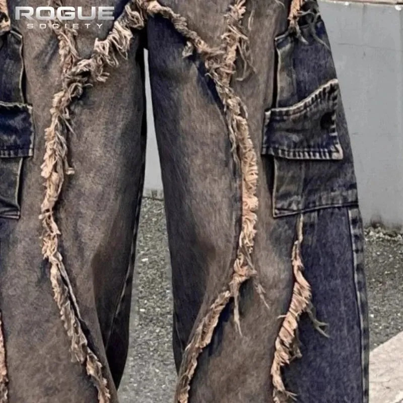 Y2k grunge desconstruído jeans desgastados unissex retalhos lavados perna larga calças jeans hip hop streetwear harajuku punk