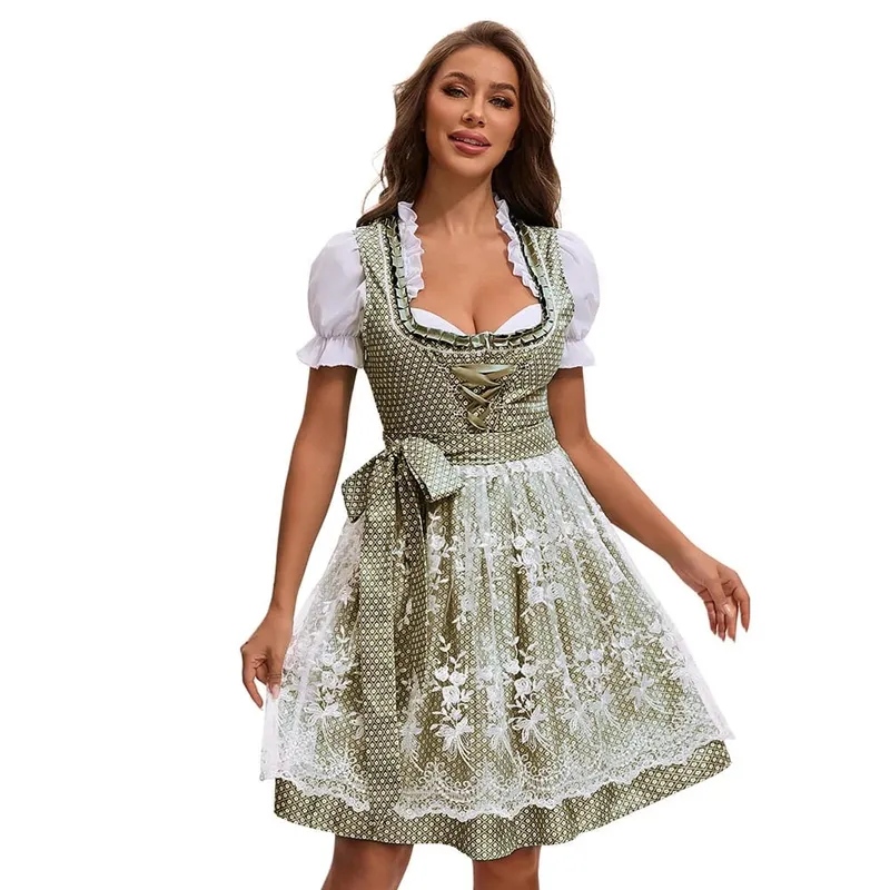 Vestido multicolorido da Oktoberfest de Munique para mulheres, saia de cerveja com estampa étnica tradicional da Baviera com top e avental, fantasia de empregada, 2025