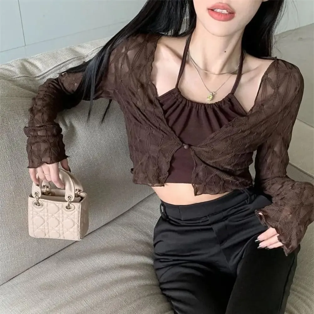 Diy fino cardigans à prova de sol novo fino cor sólida camisolas casual manga longa curto topo verão — image 4
