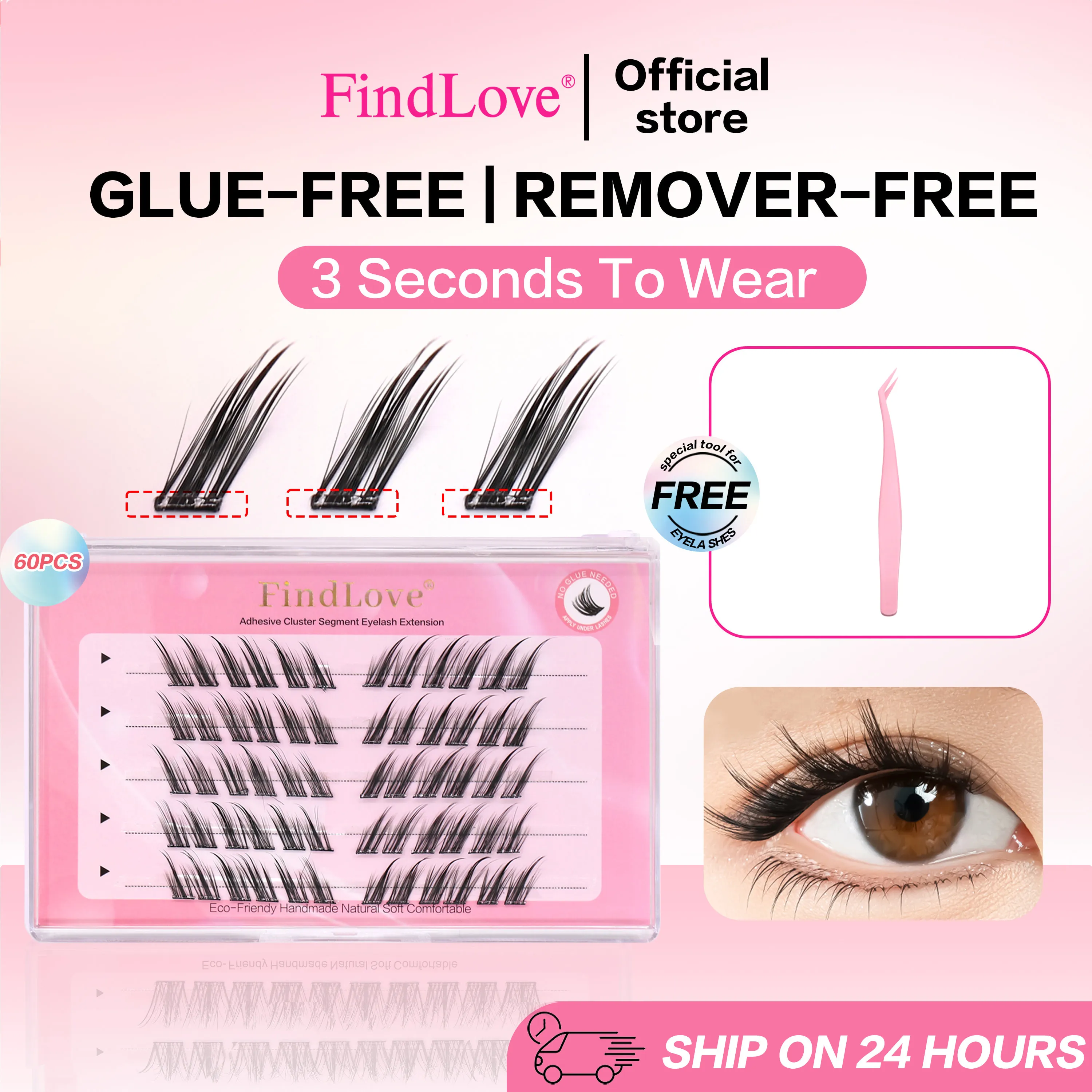 FindLove Fox Eye Lashes Pré Colados Cílios Postiços C Curl 12mm Reutilizáveis ​​Manga Cílios Macios Sem Cola Precisa de Ferramentas de Maquiagem de Cílios