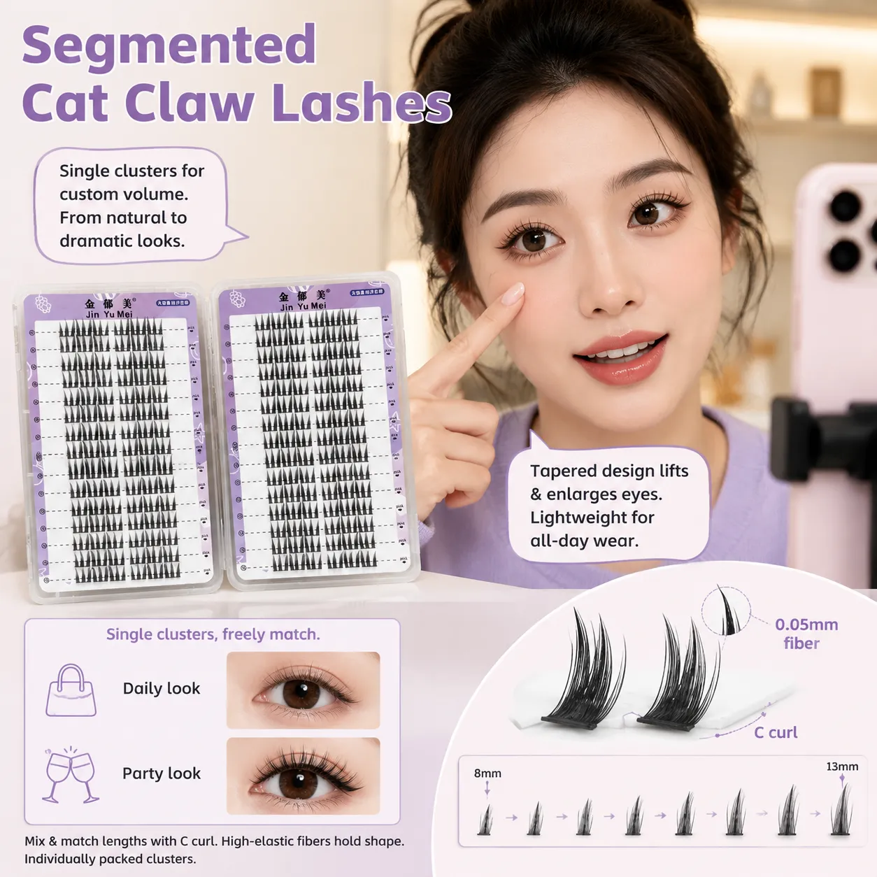 Cílios postiços de maquiagem profissional, cílios postiços segmentados, curvados em c, volume natural, realce dramático dos olhos para mulheres
