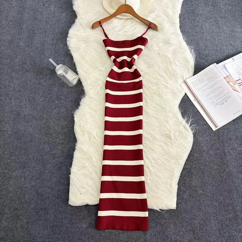 Summer Stripe Elastic Bodycon Strap Dress 2024 Sexy Beach Sundress Women Casual Slim Pencil Vestidos Maxi Long Dress