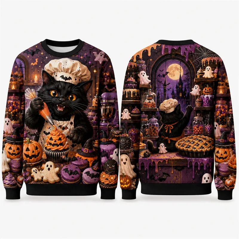 Pumpkin Ghost Graffiti Sweatshirt Halloween Mens 3D Print Polyester Crew Neck Long Sleeve Hip Hop Fashion Pullover Oversized Fit