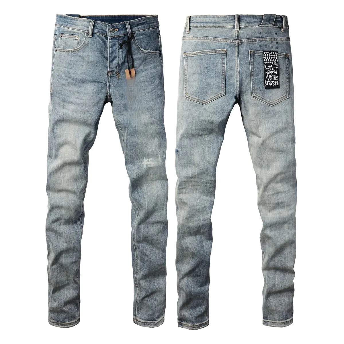 Jeans masculino high street light azul lavado desgastado com letras bordadas botão mosca adequado para todas as estações