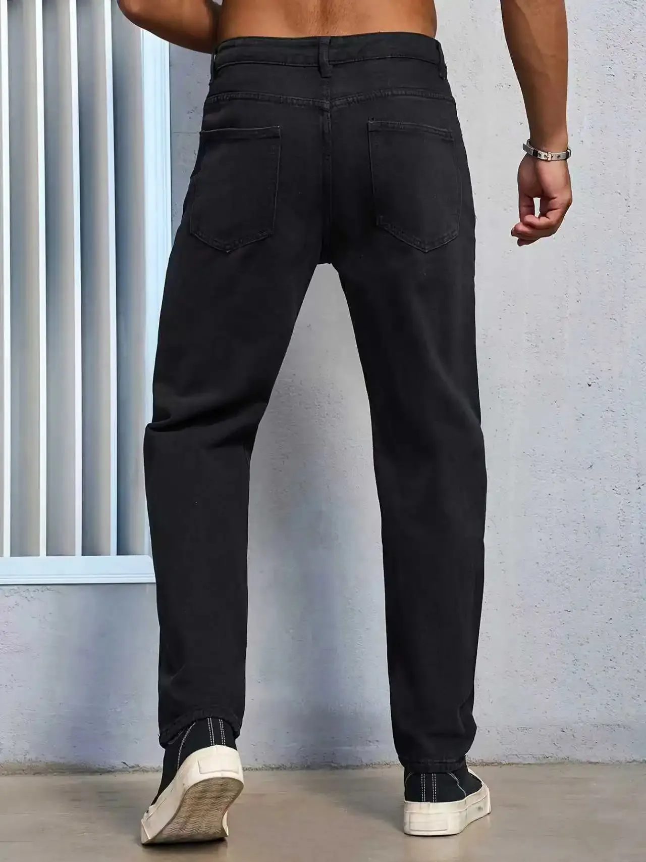 Jeans masculino casual liso preto regular fit
