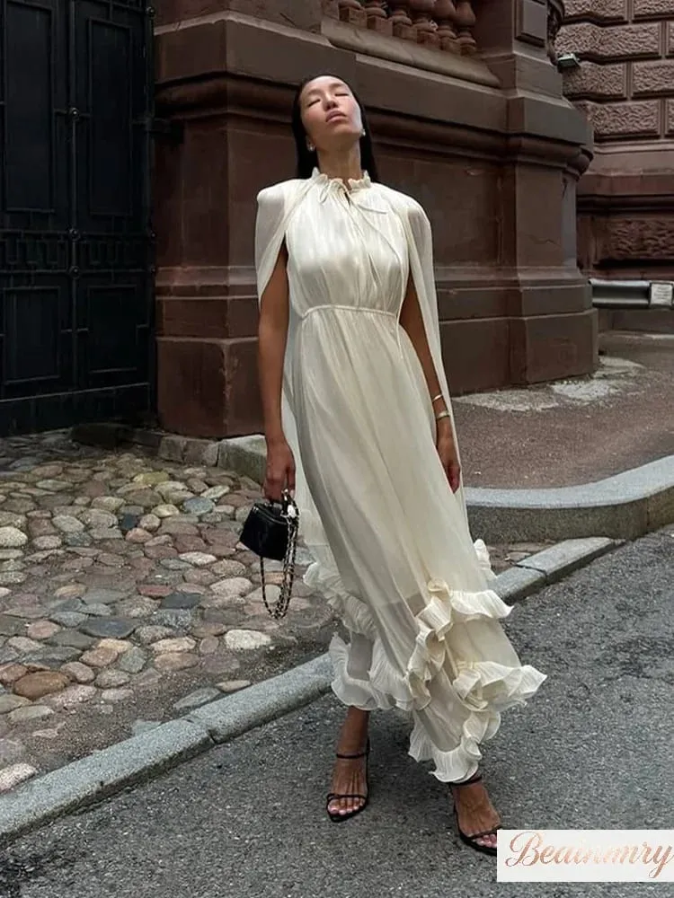 Sólido multi-camada babados maxi vestido feminino elegante sem mangas fora do ombro vestidos de cintura alta 2026 férias roupas femininas