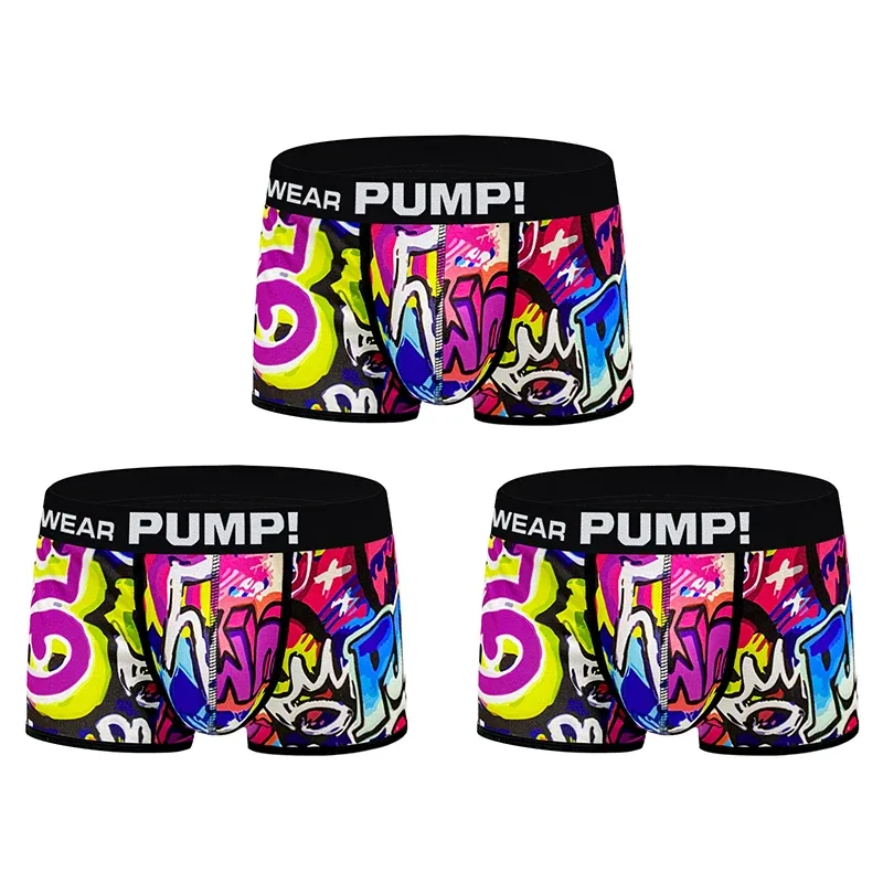 1 pçs masculino algodão mistura de náilon boxer briefs all-over graffiti impressão ampla cintura elástica não-apertado moda esporte roupa interior
